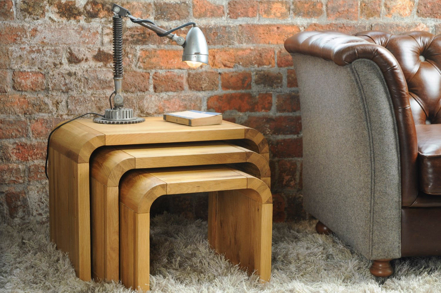 Retro Light Oak Curved Wooden Nest Of 3 Side Lamp Occasional Tables