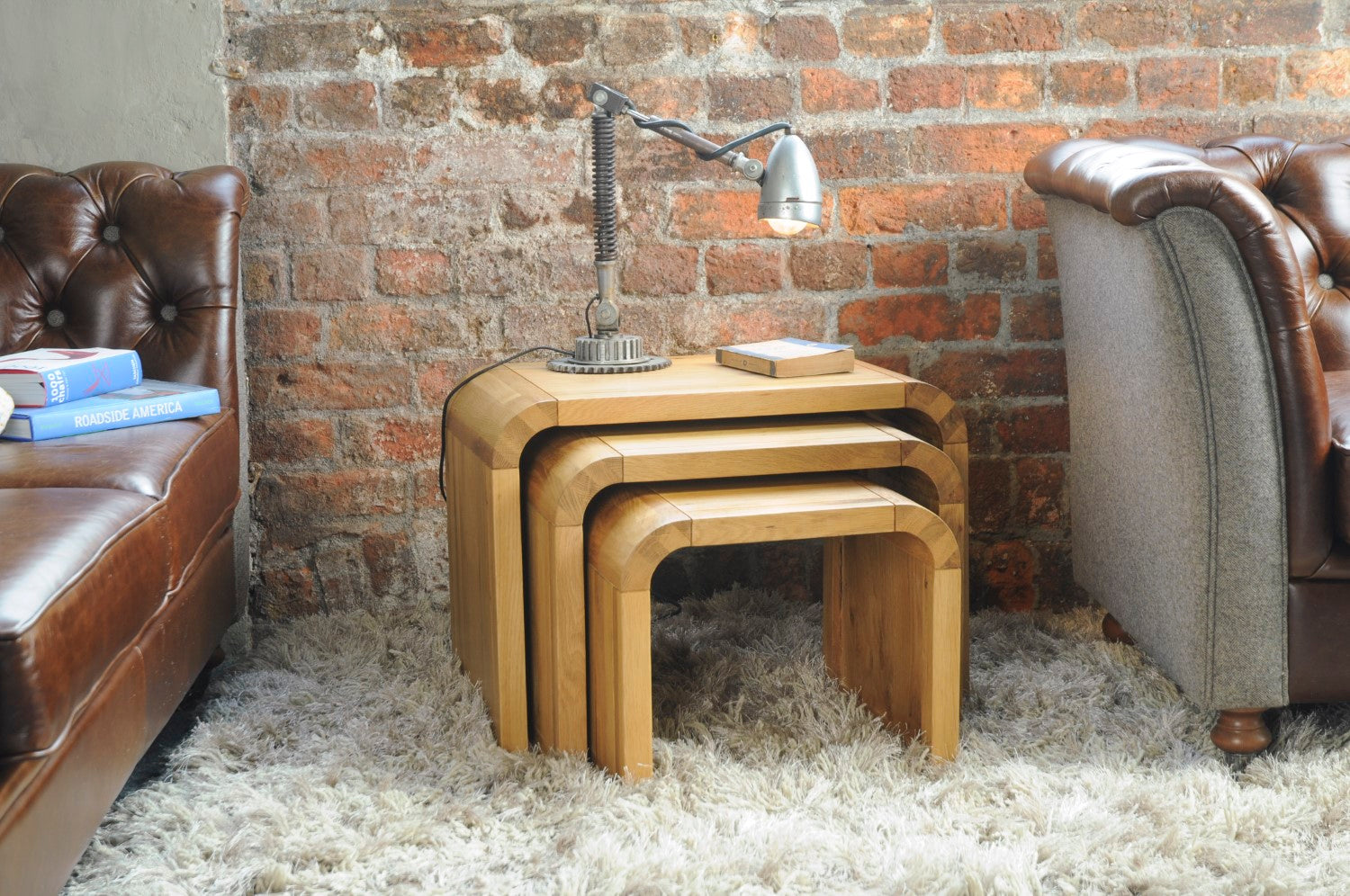 Retro Light Oak Curved Wooden Nest Of 3 Side Lamp Occasional Tables