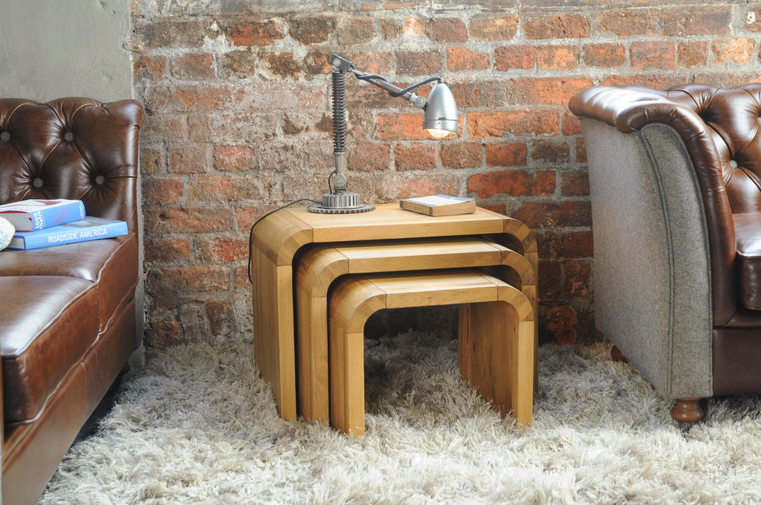 Retro Light Oak Curved Wooden Nest Of 3 Side Lamp Occasional Tables