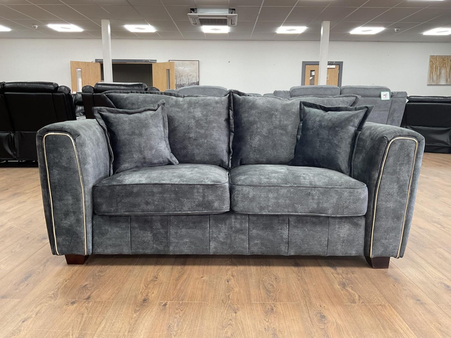 Charcoal Black Velvet Fabric 2 Seater Sofa Metal Trim Arms - Home Furniture Interiors
