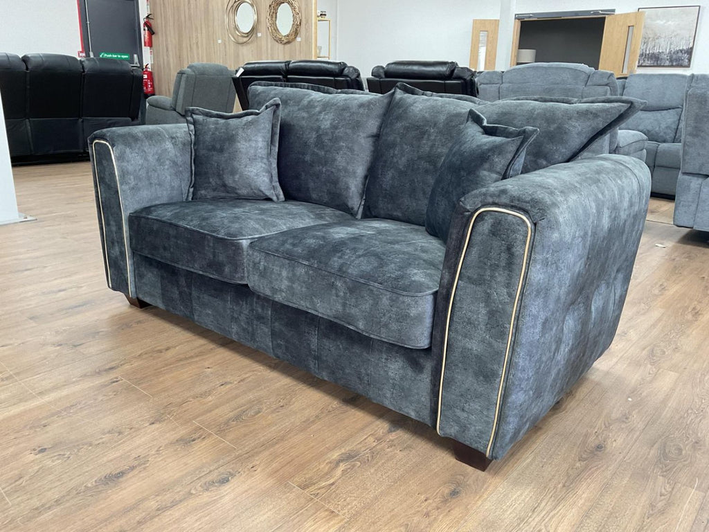 Charcoal Black Velvet Fabric 2 Seater Sofa Metal Trim Arms - Home Furniture Interiors