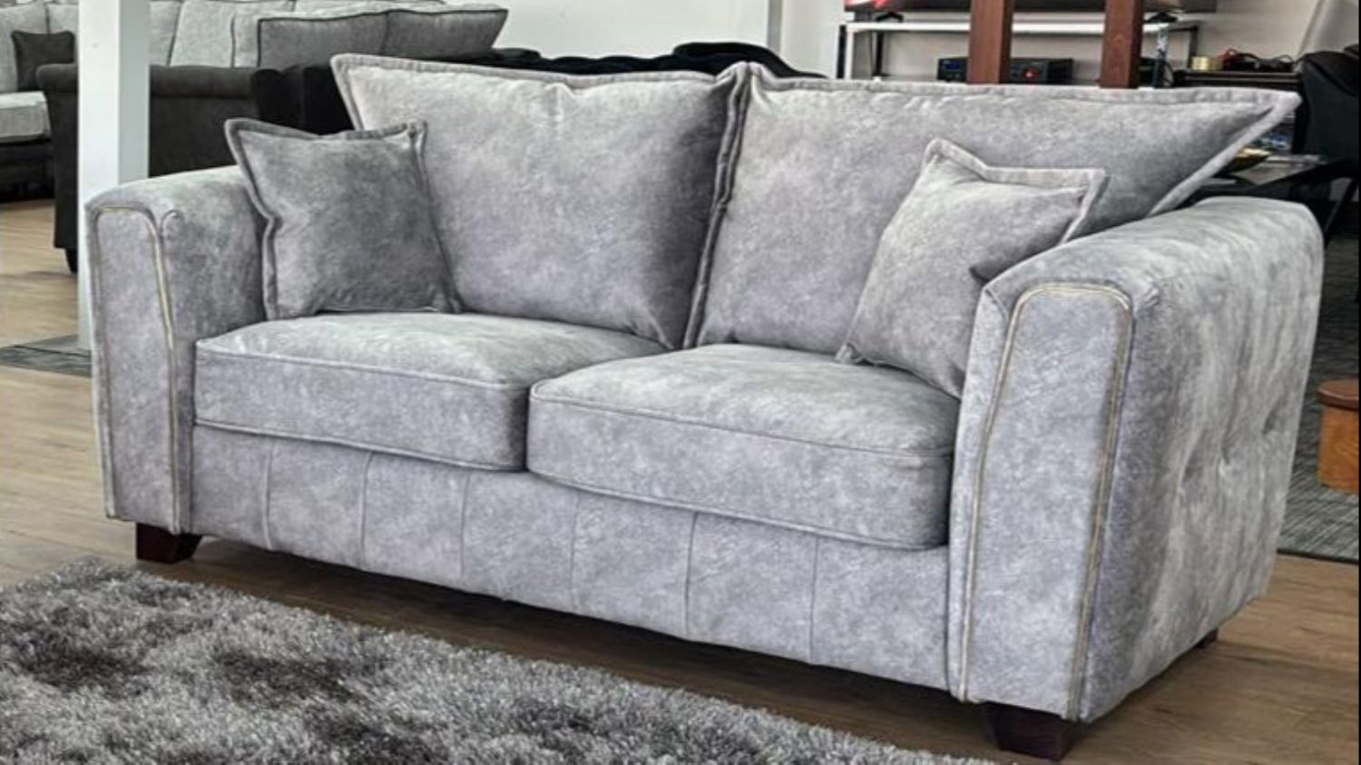 Silver Grey Velvet Effect Fabric 2 Seater High Back Sofa - Home Furniture Interiors