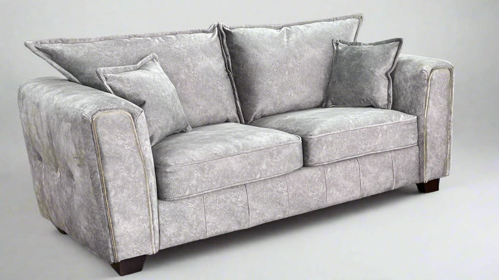 Silver Grey Velvet Effect Fabric 2 Seater High Back Sofa - Home Furniture Interiors