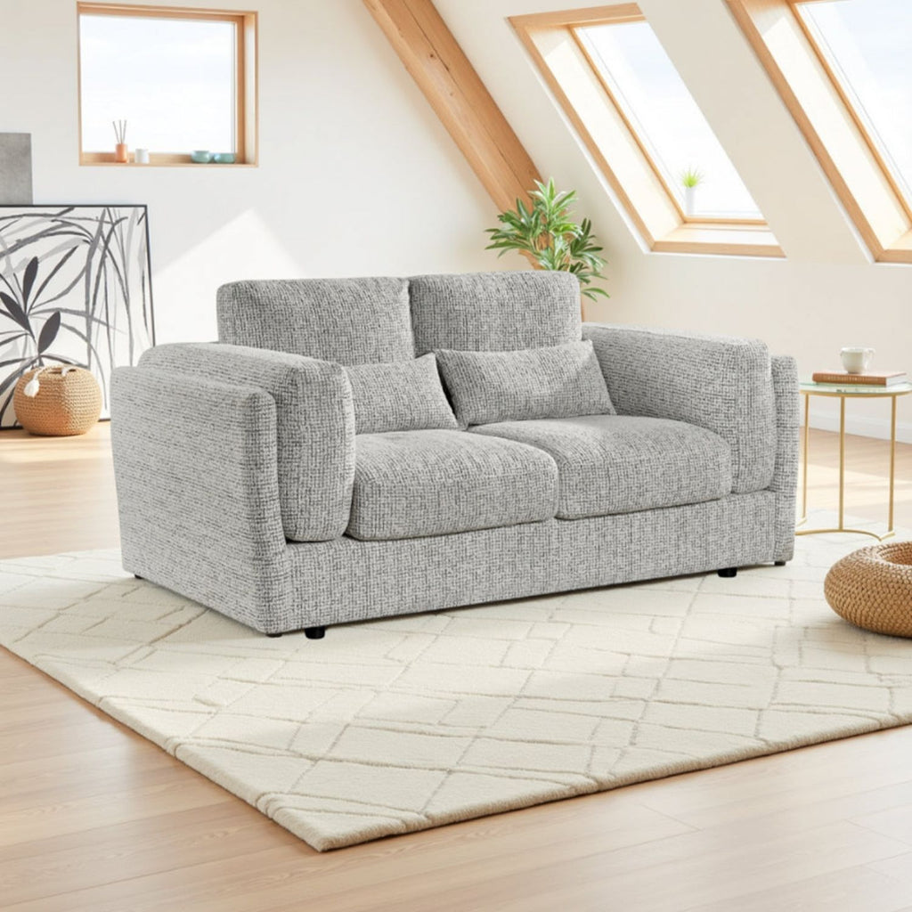 Grey Chenille Fabric 2 Seater Sofa with Chunky Arm Cushions - Home Furniture Interiors