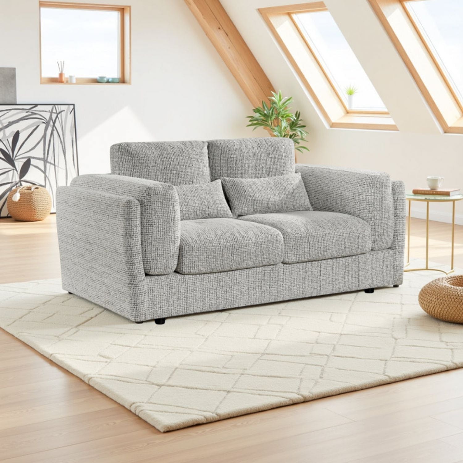 Grey Chenille Fabric 2 Seater Sofa with Chunky Arm Cushions - Home Furniture Interiors
