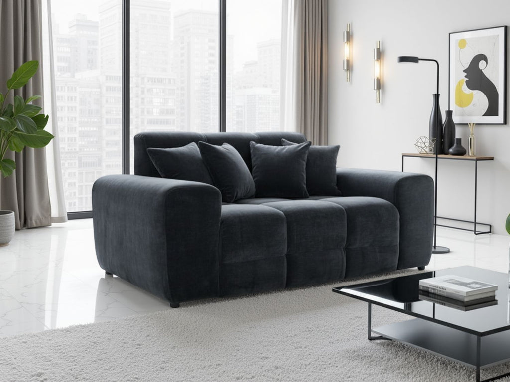 Black Fabric 2 Seater Sofa with Scatter Cushions - Home Furniture Interiors