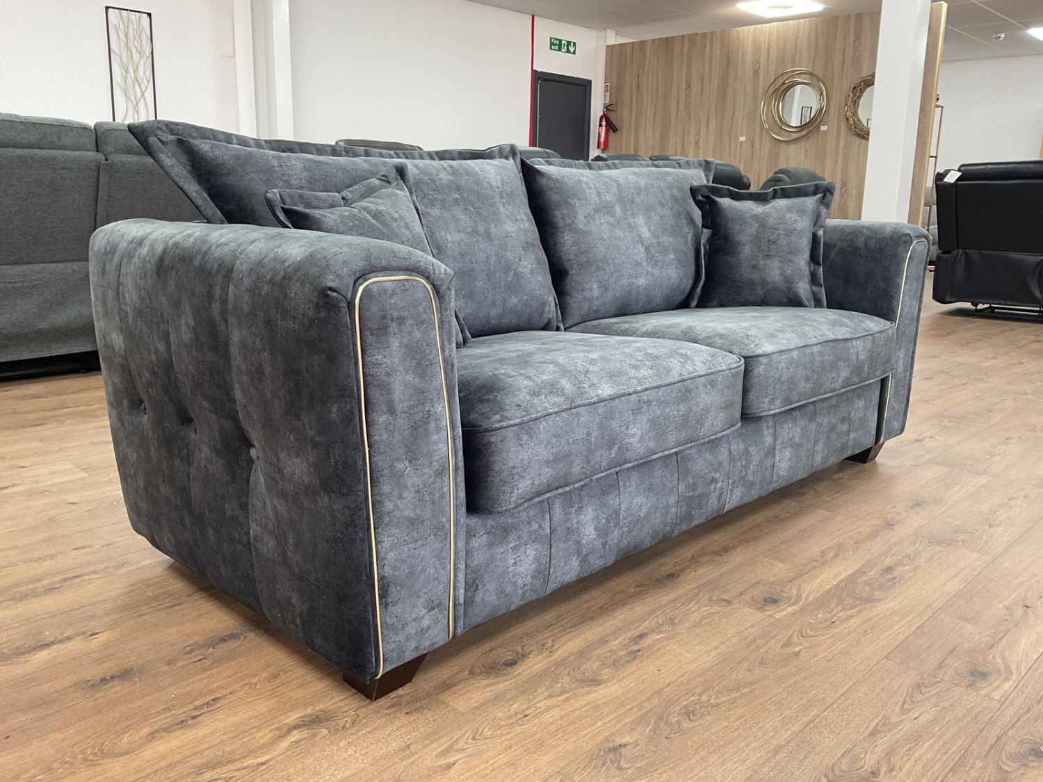 Charcoal Black Leather Effect High Back 3 Seater Sofa - Home Furniture Interiors