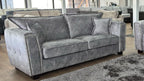 Silver Grey Velvet Effect Fabric 3 Seater High Back Sofa - Home Furniture Interiors