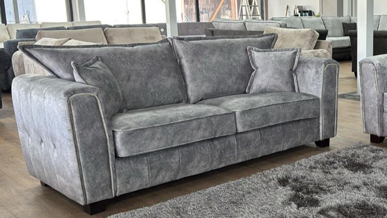 Silver Grey Velvet Effect Fabric 3 Seater High Back Sofa - Home Furniture Interiors