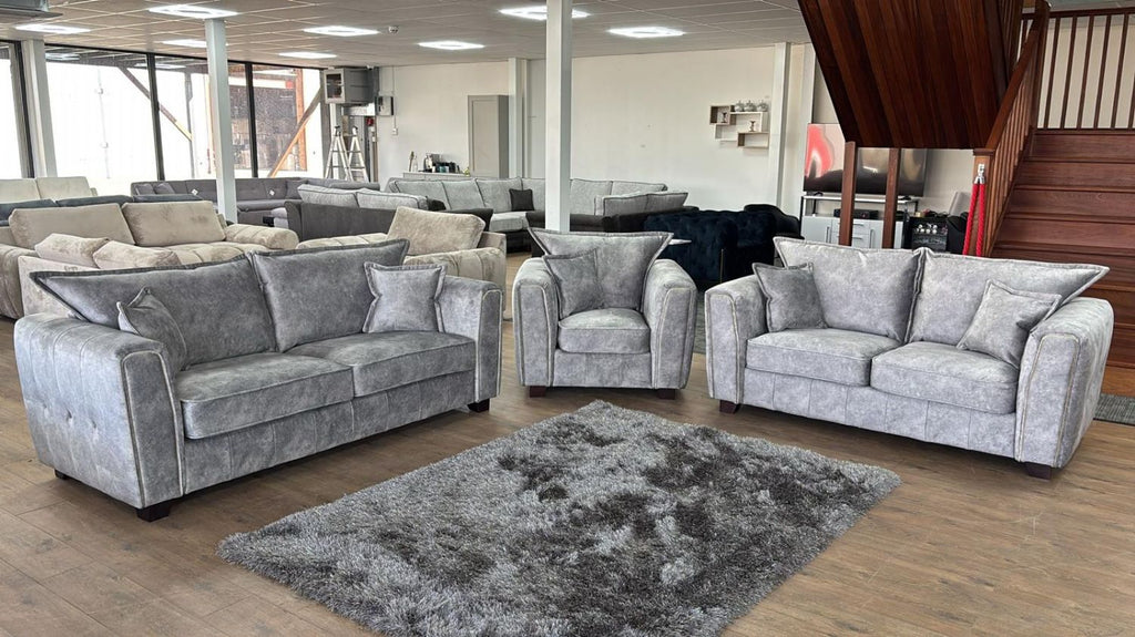 Silver Grey Velvet Effect Fabric 3 Seater High Back Sofa - Home Furniture Interiors