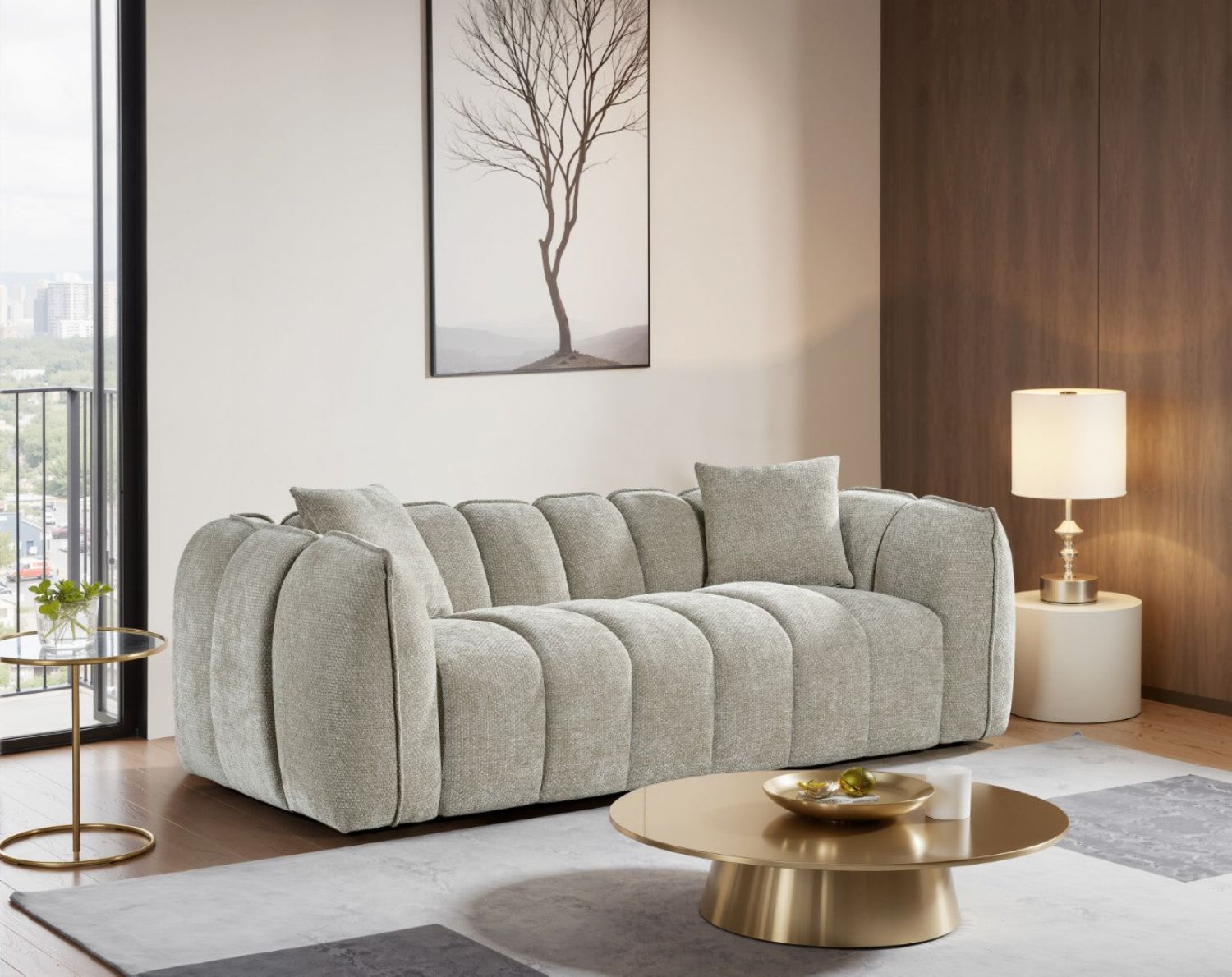 Beige Fabric Channel Tufted Design 3 Seater Sofa - Home Furniture Interiors