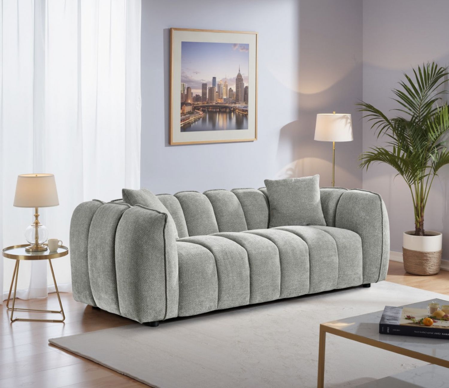 Grey Fabric Channel Tufted Design 3 Seater Sofa - Home Furniture Interiors