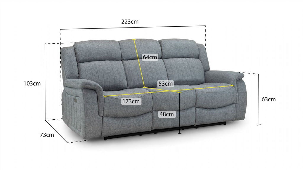 Grey Fabric 3 Seater Electric Recliner Sofa Pillow Top Arms - Home Furniture Interiors