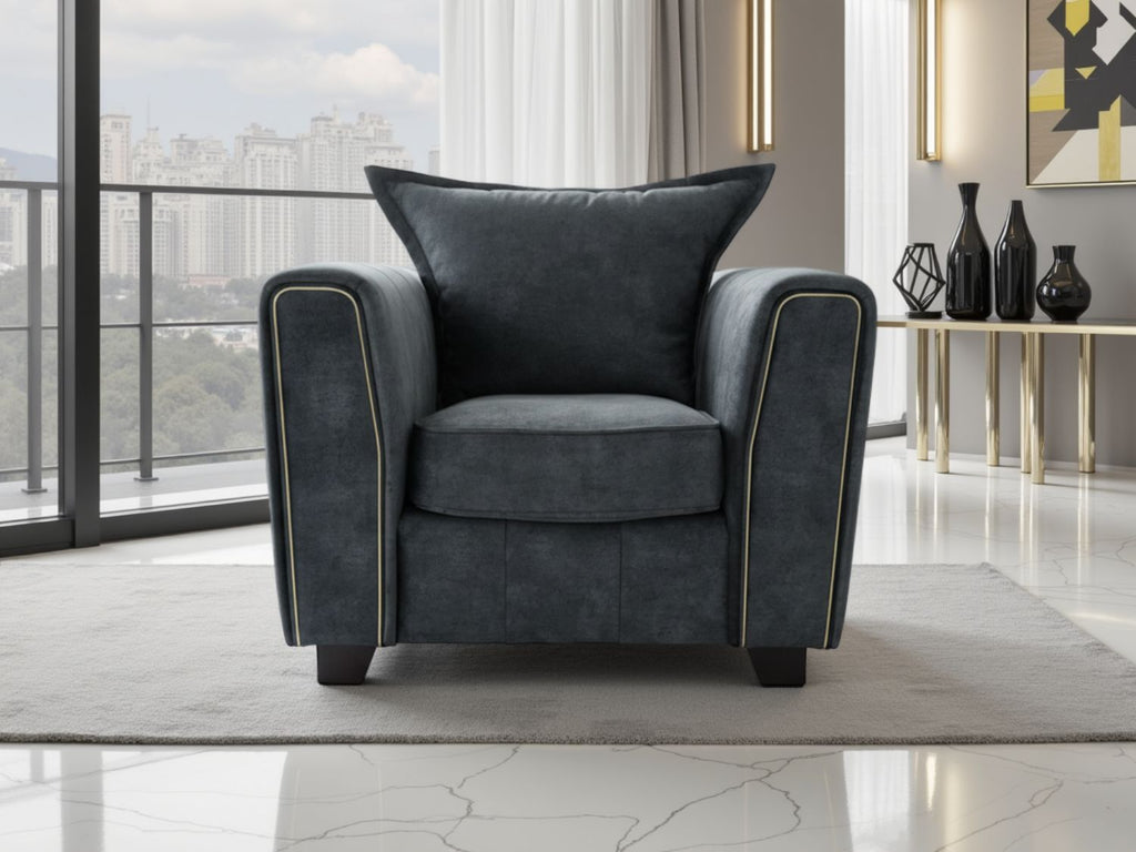 Charcoal Black Velvet Fabric Armchair with Metal Trim Arms - Home Furniture Interiors