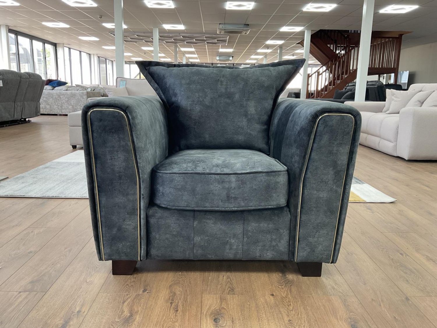 Charcoal Black Velvet Fabric Armchair with Metal Trim Arms - Home Furniture Interiors