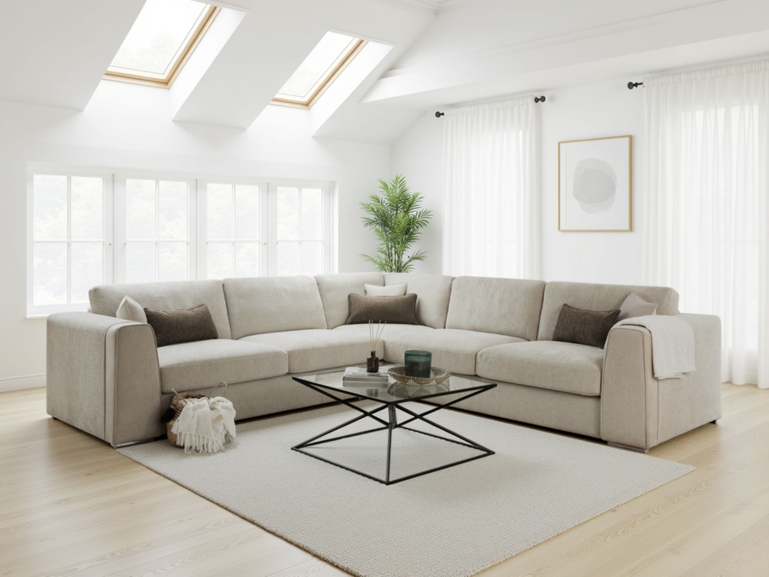 Beige Fabric Large Corner Sofa Group - Home Furniture Interiors