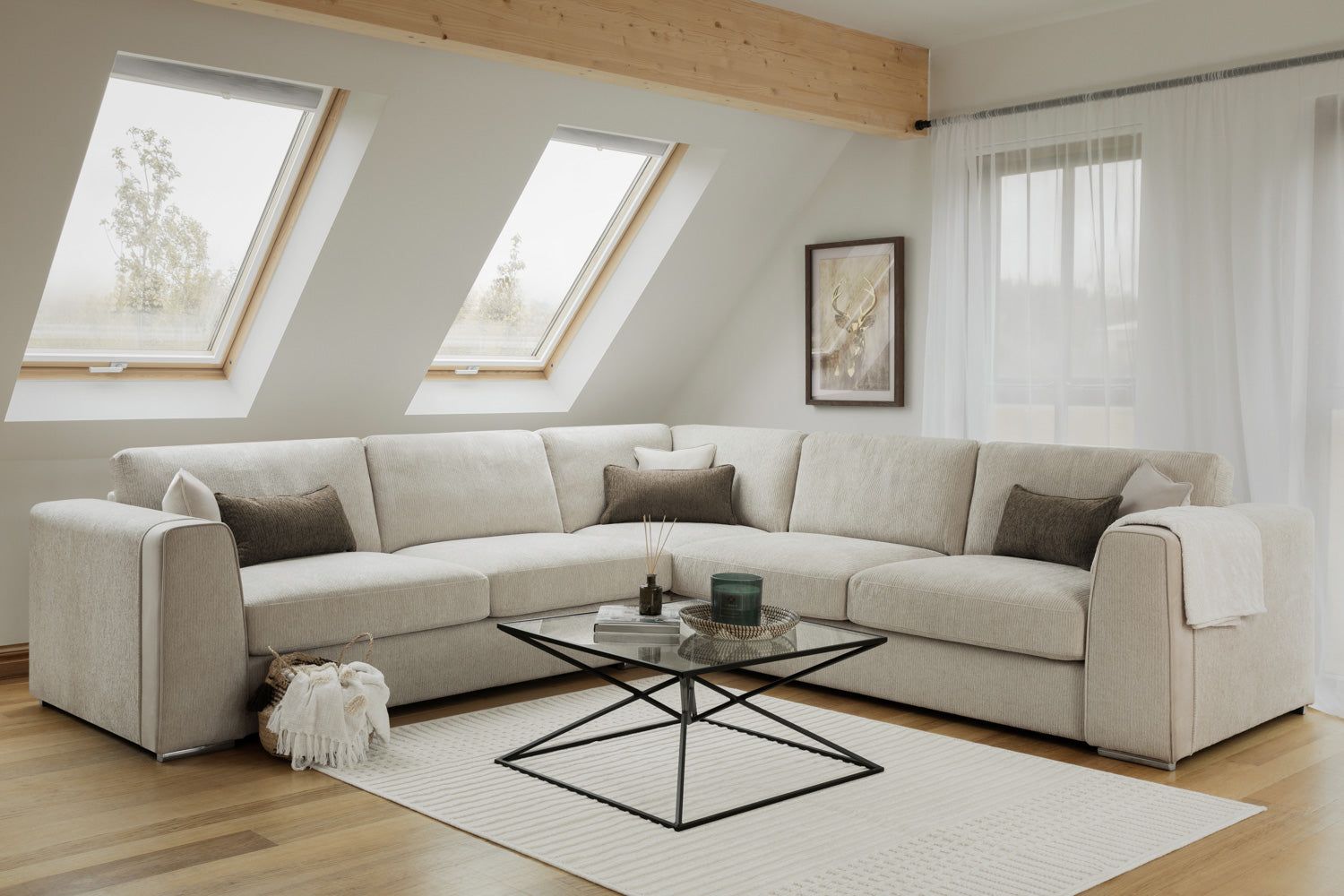 Beige Fabric Large Corner Sofa Group - Home Furniture Interiors