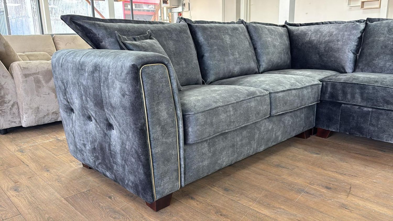 Black Velvet Effect Fabric Large Corner Sofa Metal Trim Arms - Home Furniture Interiors