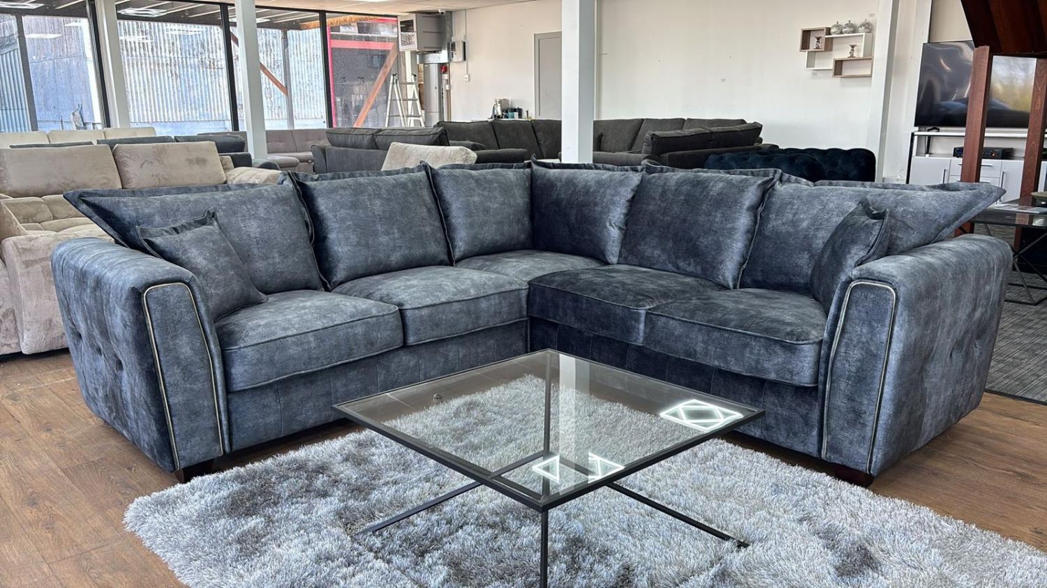 Black Velvet Effect Fabric Large Corner Sofa Metal Trim Arms - Home Furniture Interiors