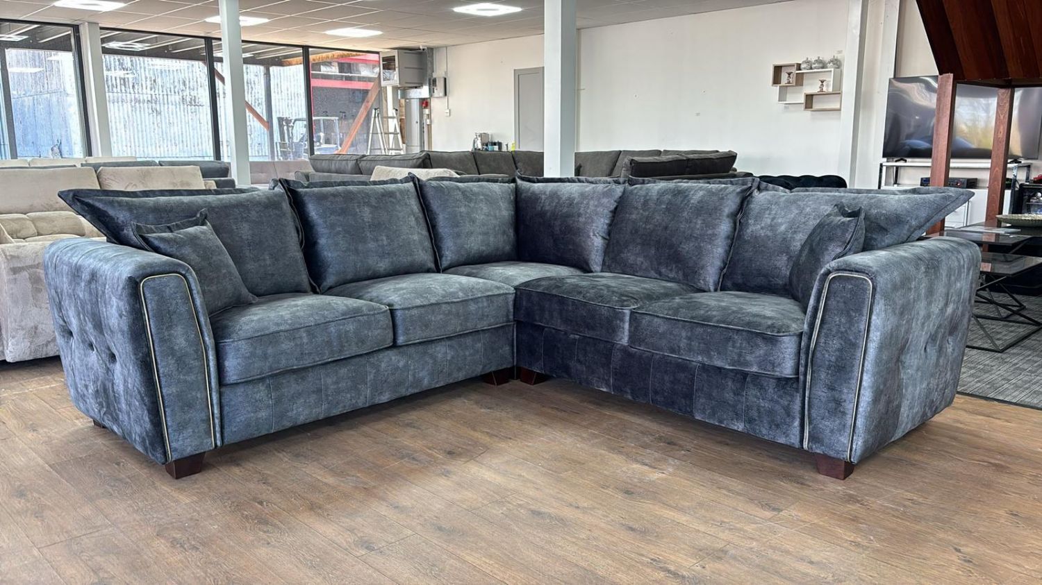 Black Velvet Effect Fabric Large Corner Sofa Metal Trim Arms - Home Furniture Interiors