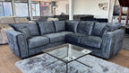 Black Velvet Effect Fabric Large Corner Sofa Metal Trim Arms - Home Furniture Interiors