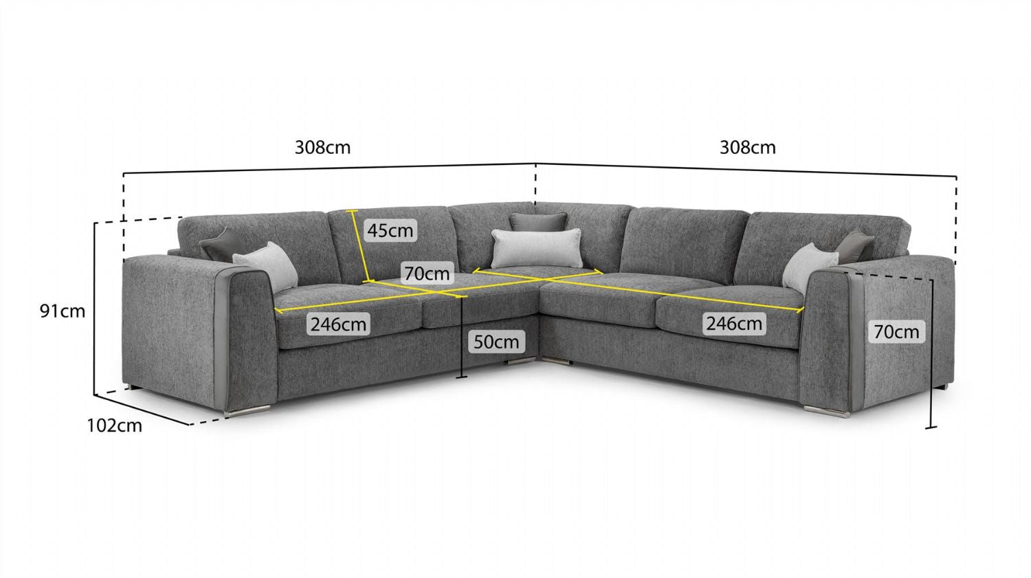Grey Chenille Fabric Large Corner Sofa - Home Furniture Interiors
