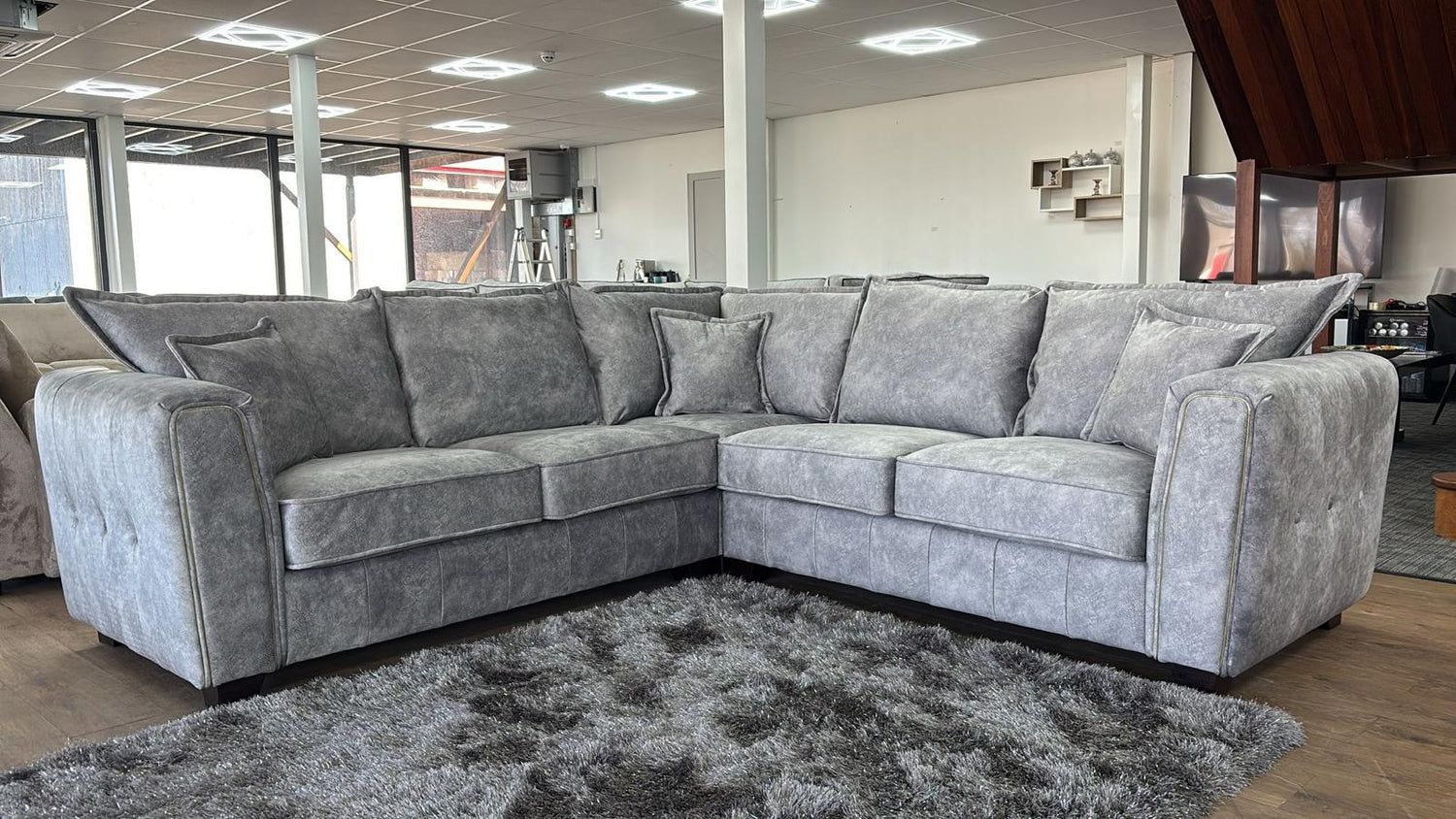 Silver Grey Velvet Effect Fabric High Back Large Corner Sofa - Home Furniture Interiors