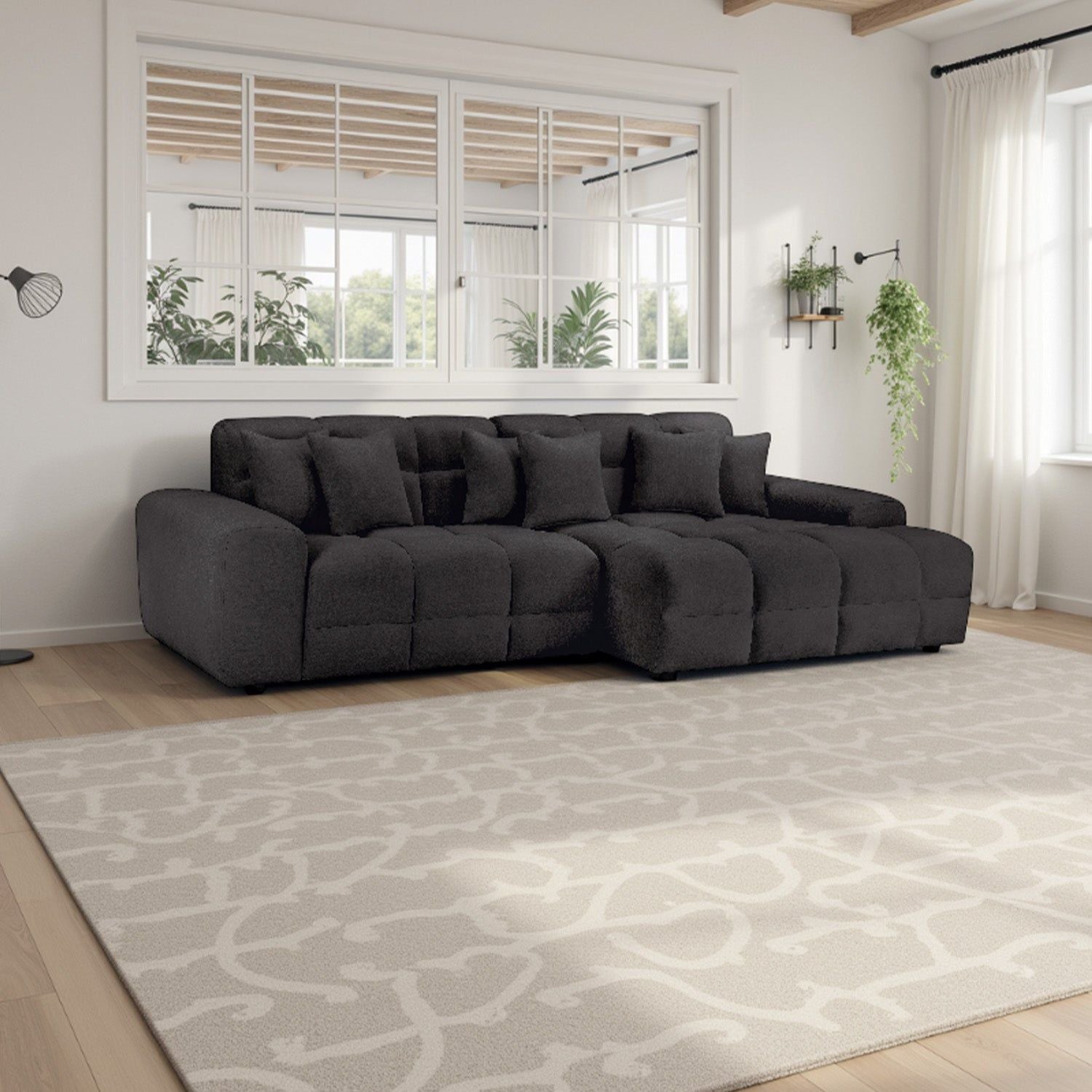 Black Fabric Upholsterd Right Hand Facing Corner Sofa - Home Furniture Interiors