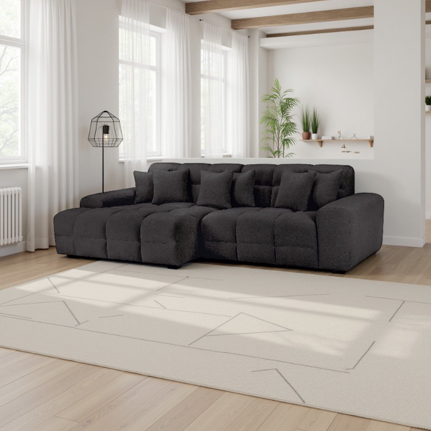 Black Fabric Upholstered Left Hand Facing Corner Sofa - Home Furniture Interiors