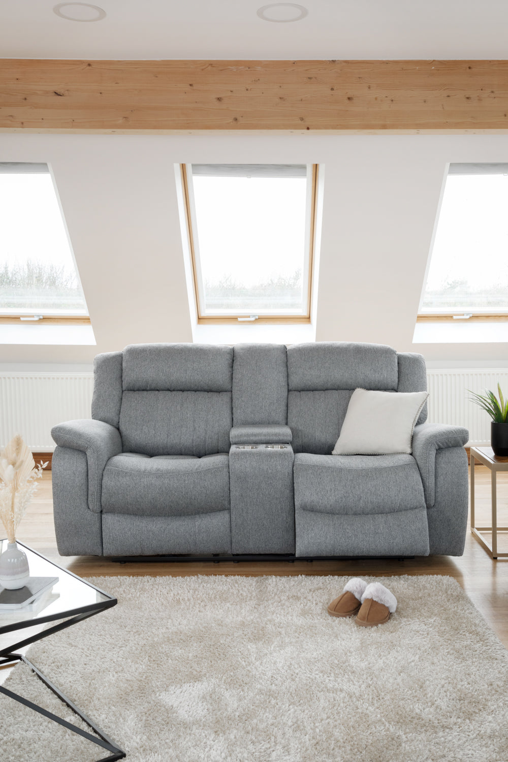 Grey Fabric 2 Seater Electric Recliner Sofa Pillow Top Arm - Home Furniture Interiors