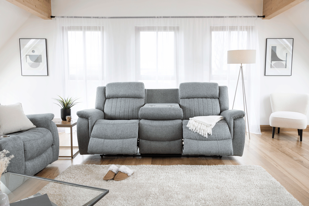 Grey Fabric 3 Seater Electric Recliner Sofa Pillow Top Arms - Home Furniture Interiors