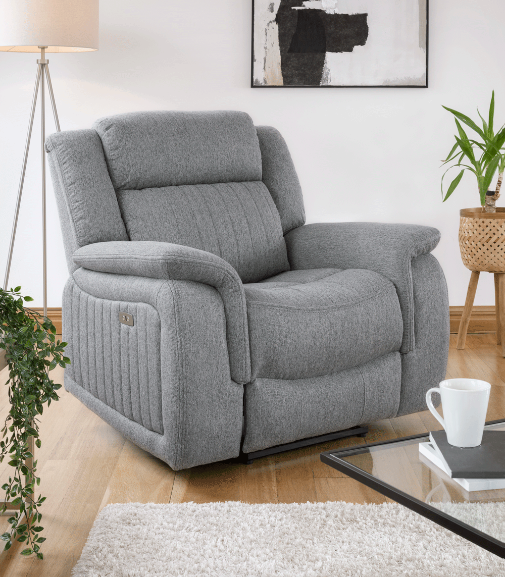 Grey Fabric Electric Recliner Armchair Pillow Top Arms - Home Furniture Interiors