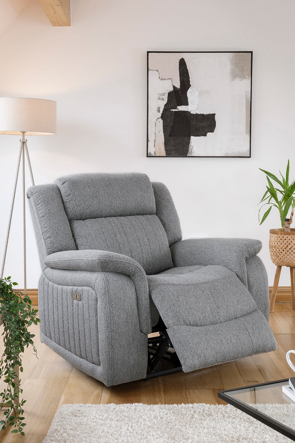 Grey Fabric Electric Recliner Armchair Pillow Top Arms - Home Furniture Interiors