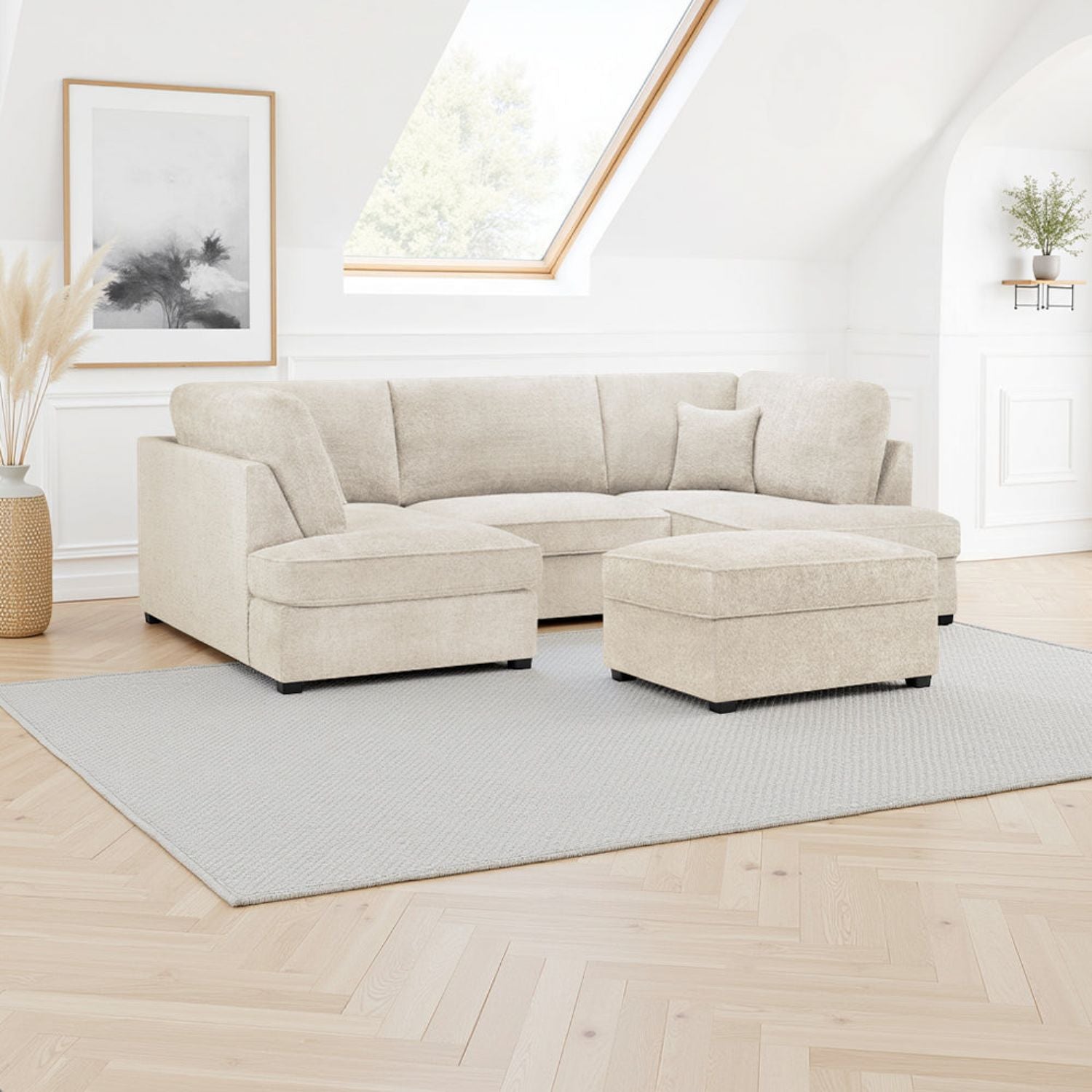 Beige Boucle Fabric Upholstered U Shaped Corner Sofa - Home Furniture Interiors