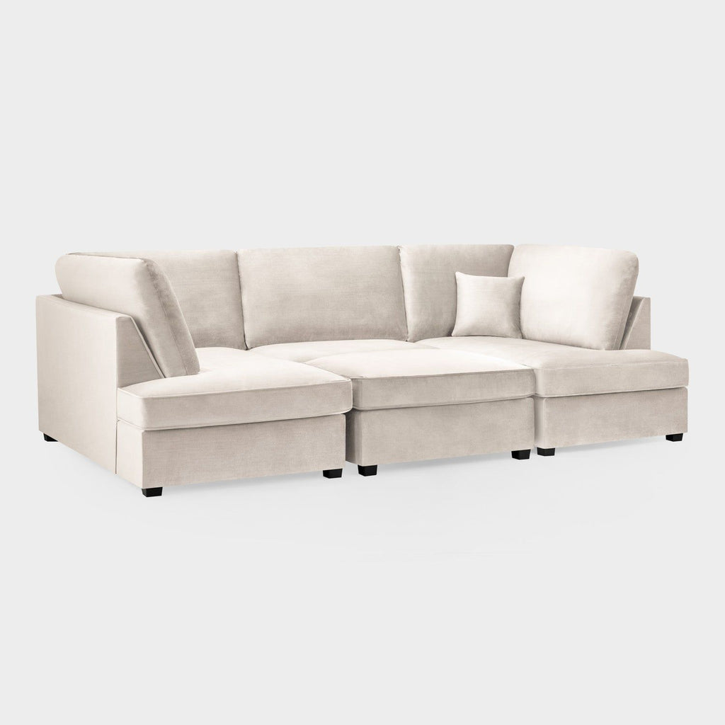 Beige Fabric U Shaped Corner Sofa Wooden Feet - Home Furniture Interiors