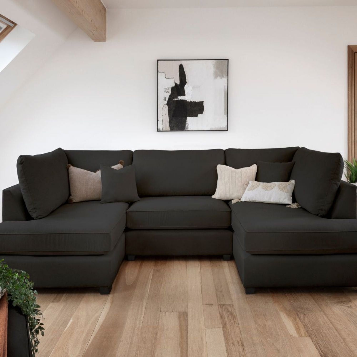 Black Fabric Upholstered U Shape Corner Sofa - Home Furniture Interiors