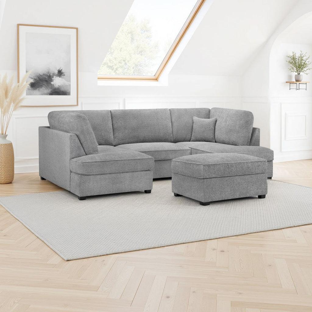 Grey Boucle Fabric U Shape Corner Sofa - Home Furniture Interiors