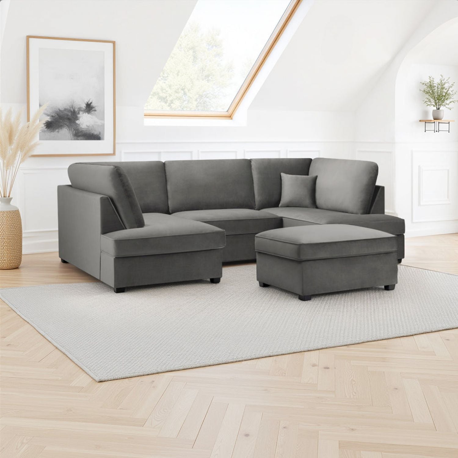Grey Fabric U Shape Fullback Corner Sofa - Home Furniture Interiors