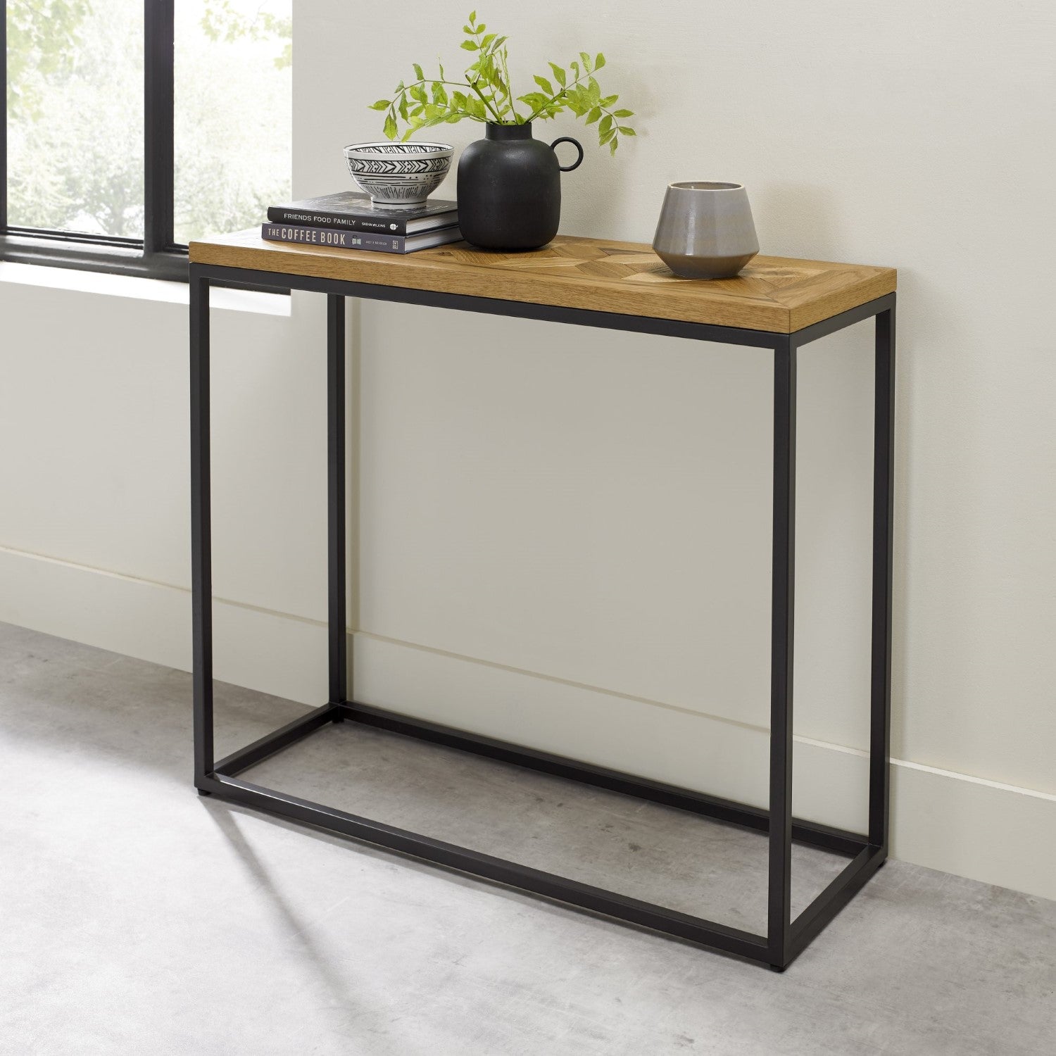 Rustic Oak Parquet Top Black Metal Console Table