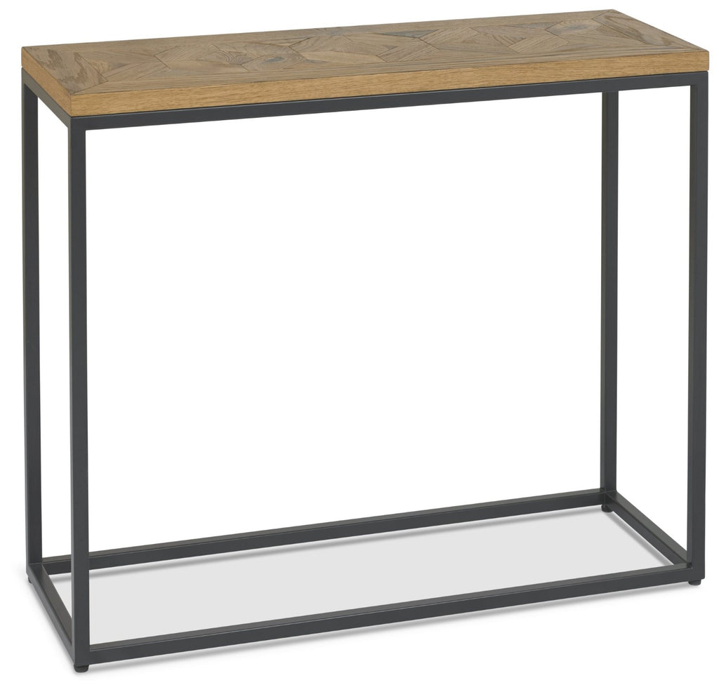 Rustic Oak Parquet Top Black Metal Console Table - Home Furniture Interiors