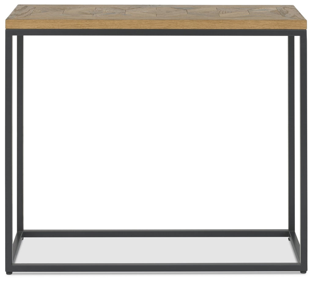 Rustic Oak Parquet Top Black Metal Console Table - Home Furniture Interiors