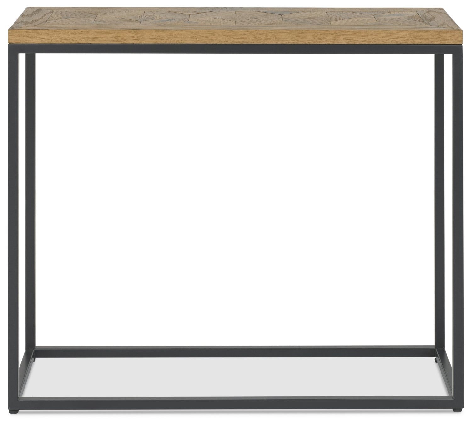 Rustic Oak Parquet Top Black Metal Console Table - Home Furniture Interiors