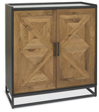 Rustic Oak Glass Top Drinks Cabinet Black Metal Base - Home Furniture Interiors