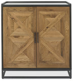 Rustic Oak Glass Top Drinks Cabinet Black Metal Base - Home Furniture Interiors