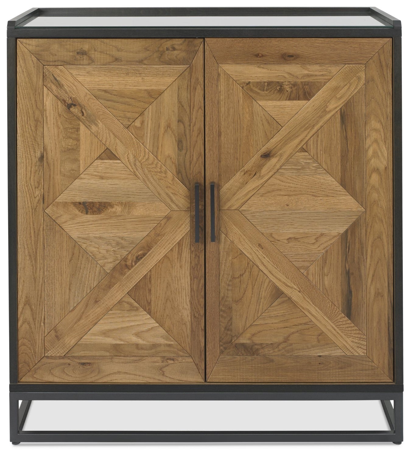 Rustic Oak Glass Top Drinks Cabinet Black Metal Base - Home Furniture Interiors