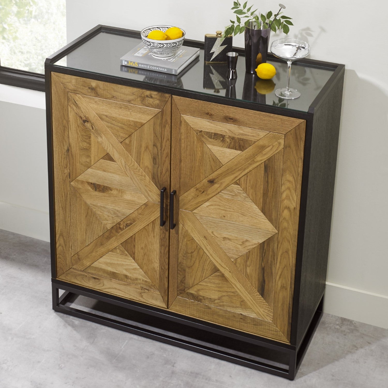 Rustic Oak Glass Top Drinks Cabinet Black Metal Base - Home Furniture Interiors