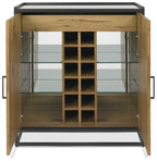 Rustic Oak Glass Top Drinks Cabinet Black Metal Base - Home Furniture Interiors