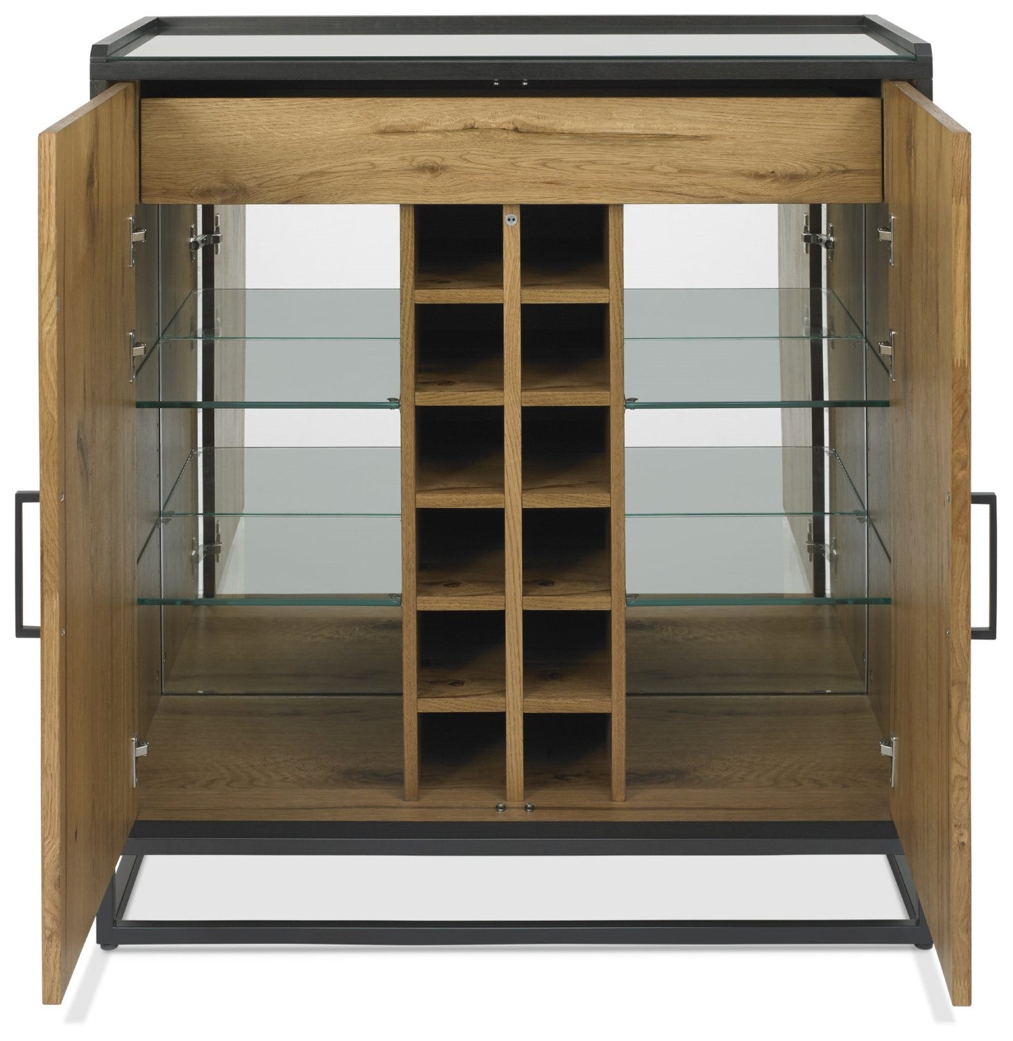 Rustic Oak Glass Top Drinks Cabinet Black Metal Base - Home Furniture Interiors