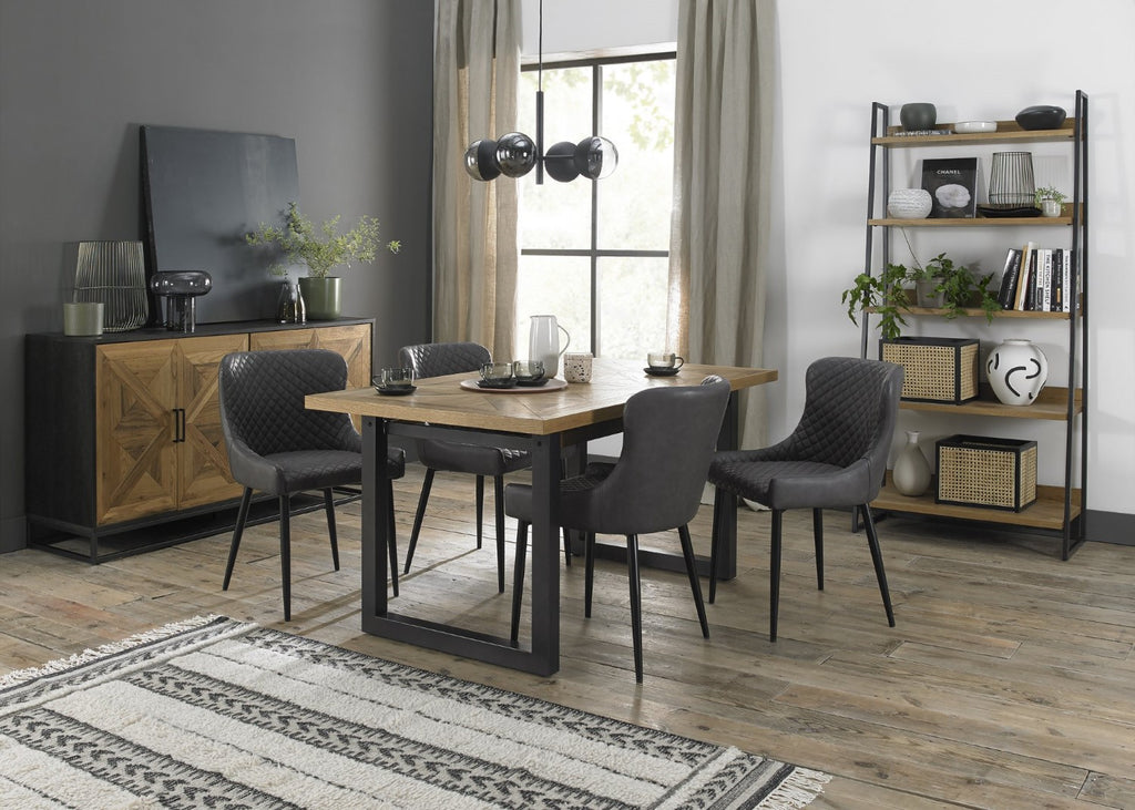 Rustic Oak Extending Dining Table Set 4 Grey Leather Chairs