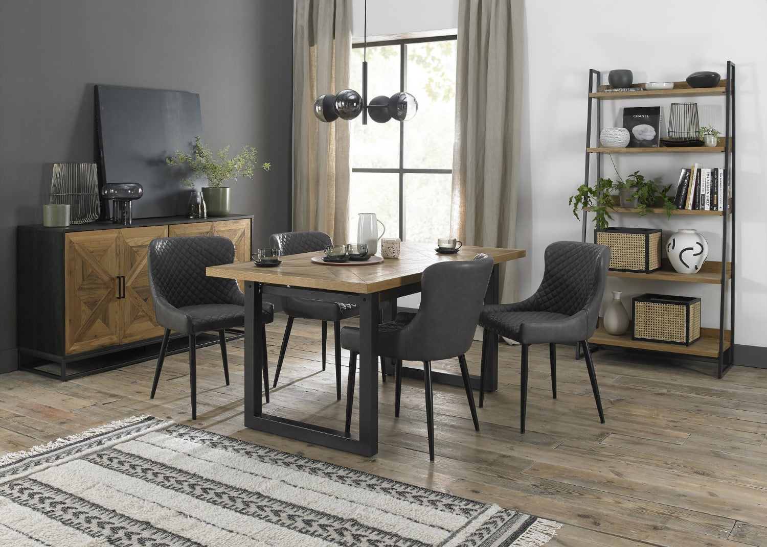 Rustic Oak Extending Dining Table Set 4 Grey Leather Chairs